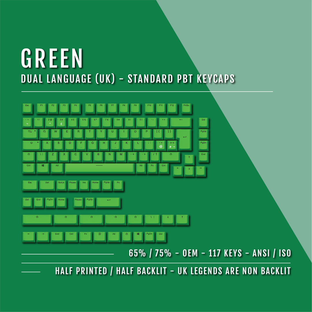 UK Green PBT Keycaps - ISO/ANSI - 65/75% Sizes - Dual Language Keycaps - kromekeycaps