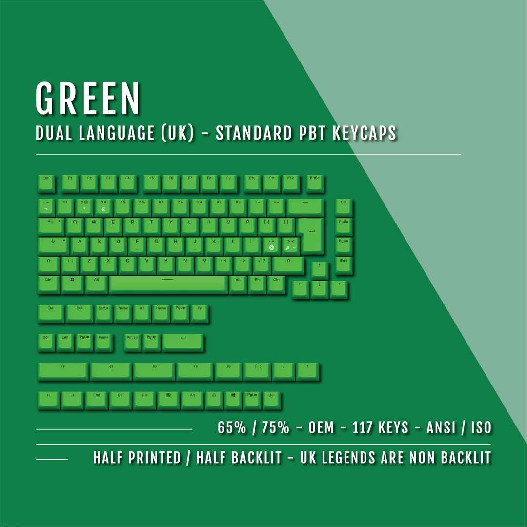 Green UK Dual Language PBT Keycaps - 65/75% Krome Keycaps LTD Single Colour, UK