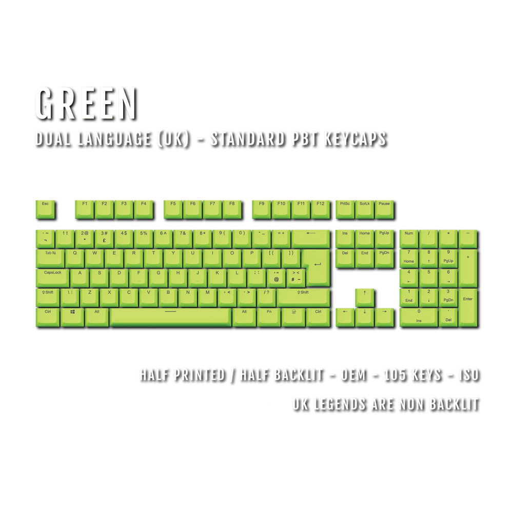 UK Green PBT Keycaps - ISO/ANSI - 100% Size - Dual Language Keycaps - kromekeycaps