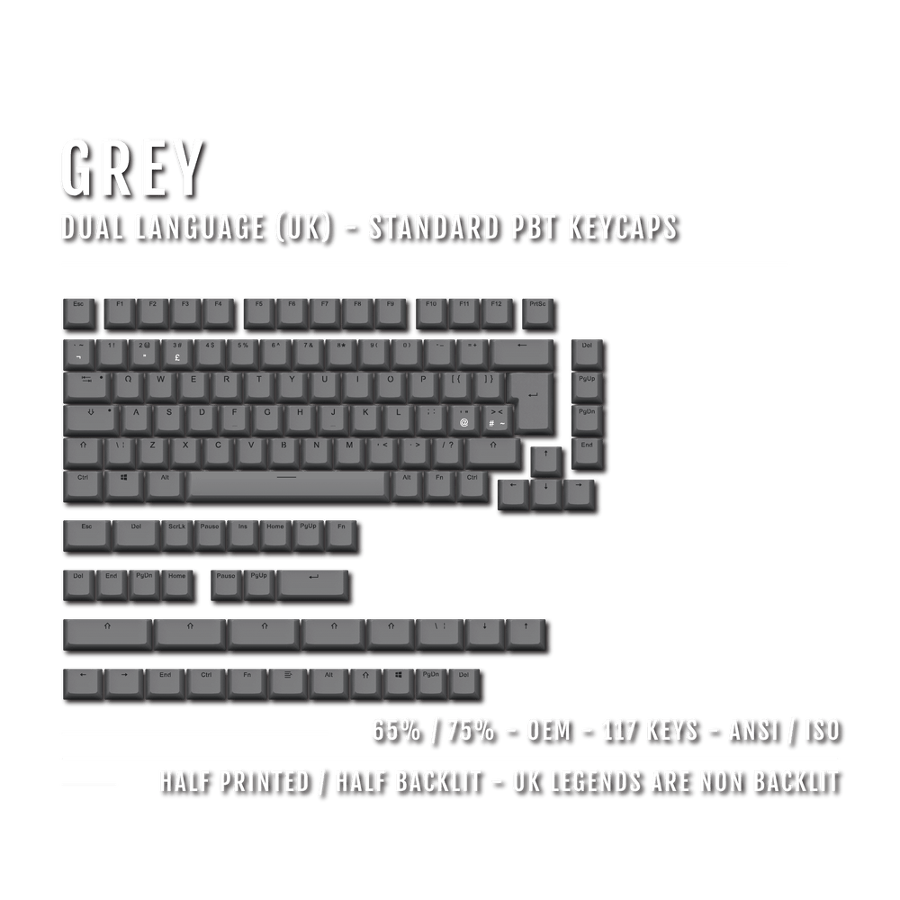 Grey UK Dual Language PBT Keycaps - 65/75% Krome Keycaps LTD Single Colour, UK