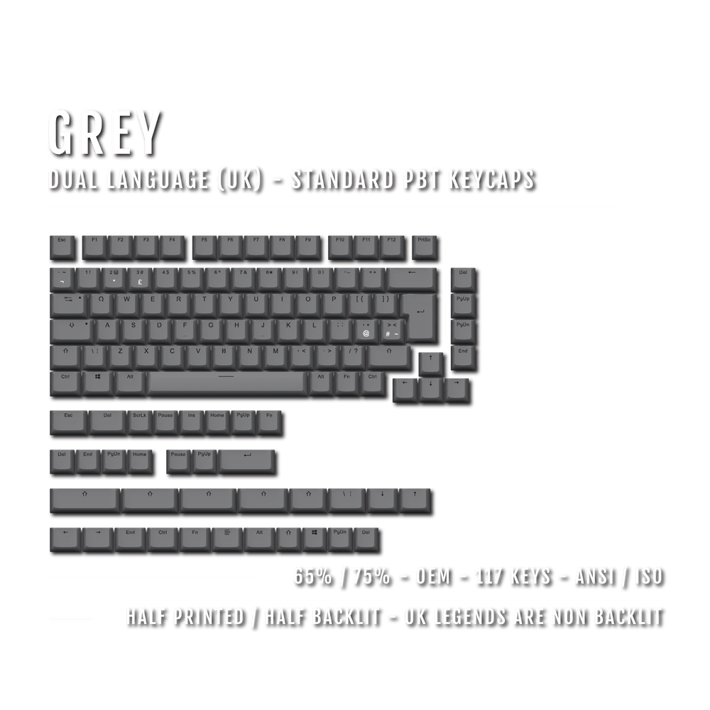 UK Grey PBT Keycaps - ISO/ANSI - 65/75% Sizes - Dual Language Keycaps - kromekeycaps