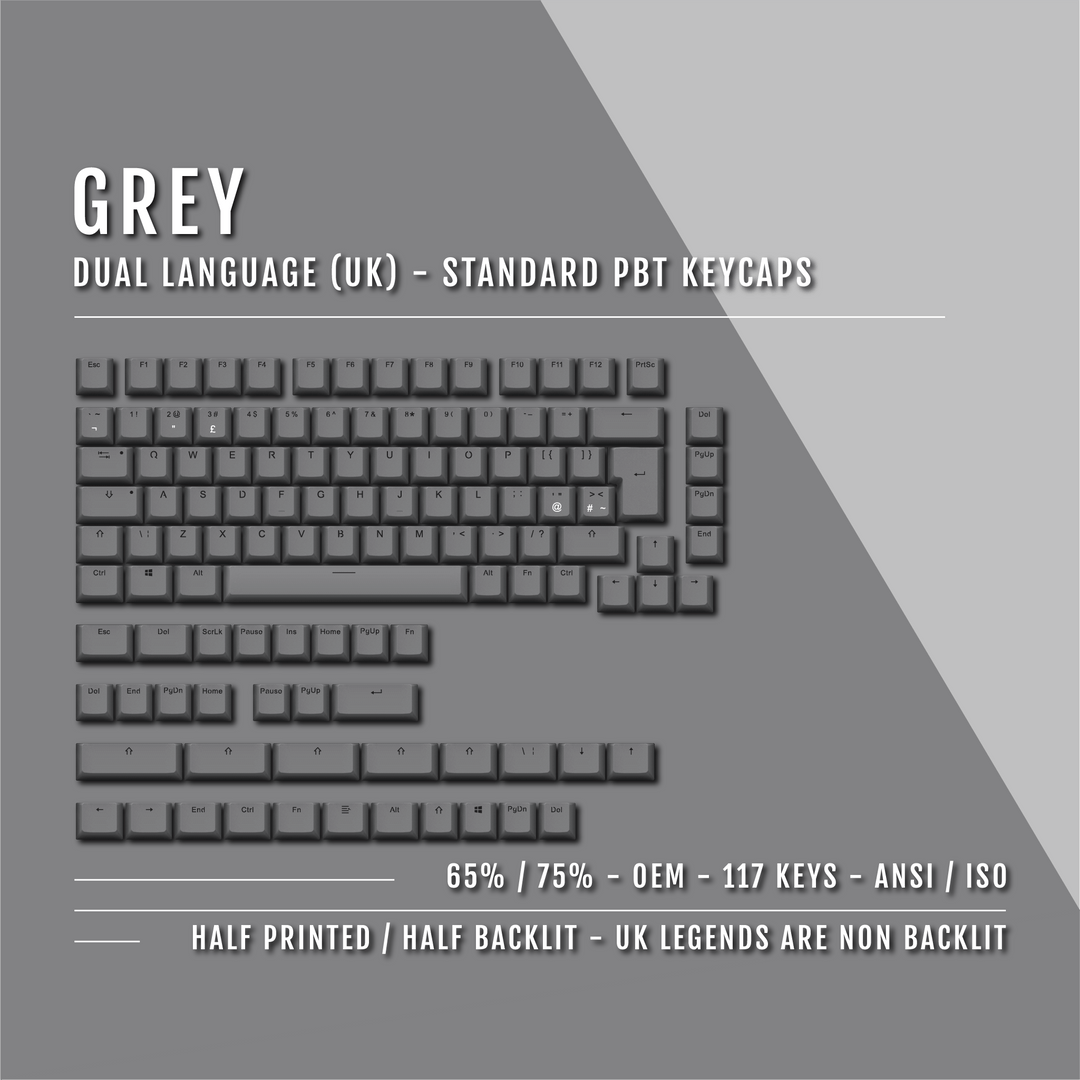 UK Grey PBT Keycaps - ISO/ANSI - 65/75% Sizes - Dual Language Keycaps - kromekeycaps