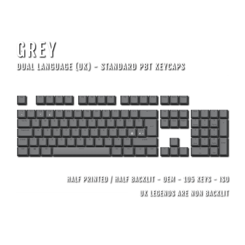 UK Grey PBT Keycaps - ISO/ANSI - 100% Size - Dual Language Keycaps - kromekeycaps