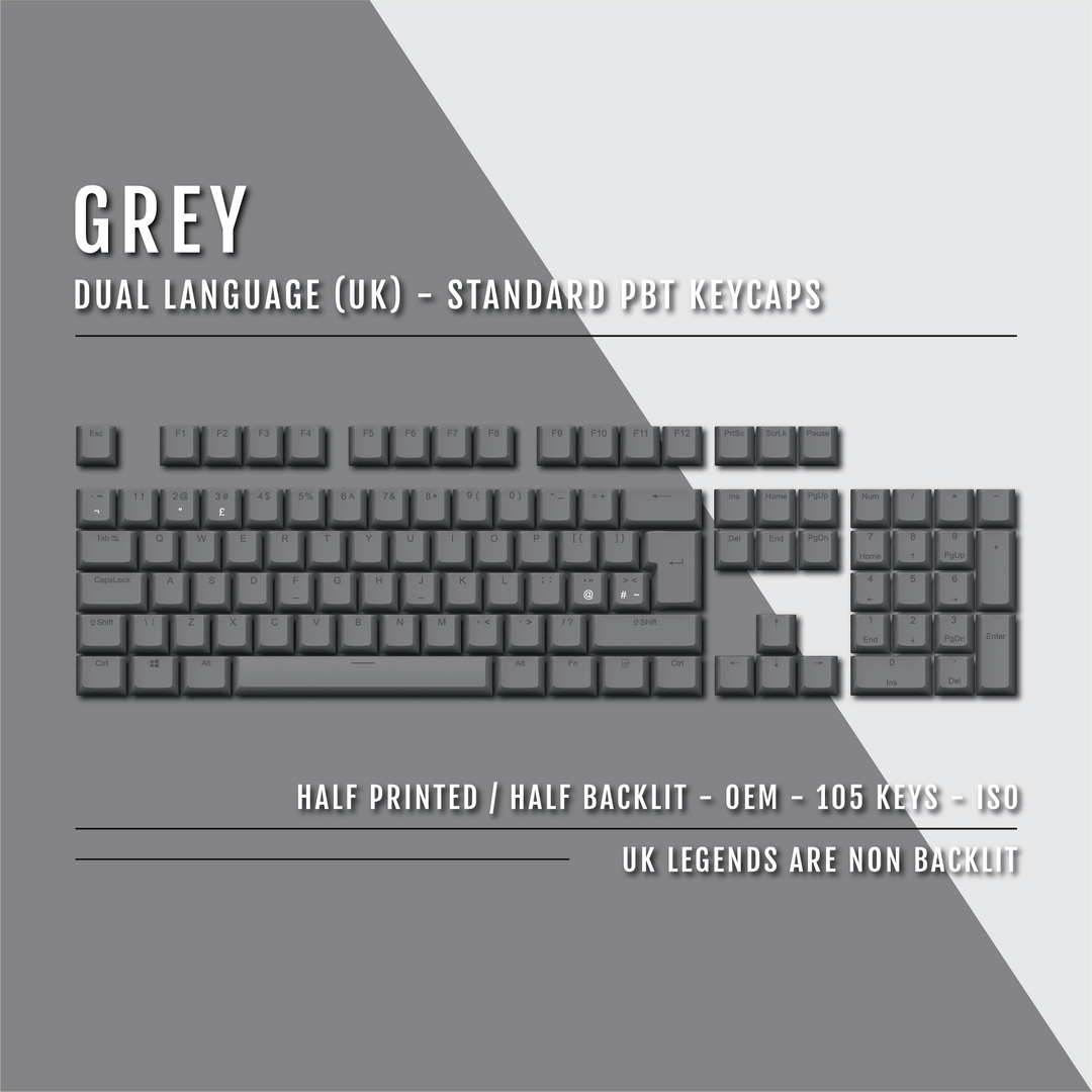 UK Grey PBT Keycaps - ISO/ANSI - 100% Size - Dual Language Keycaps - kromekeycaps