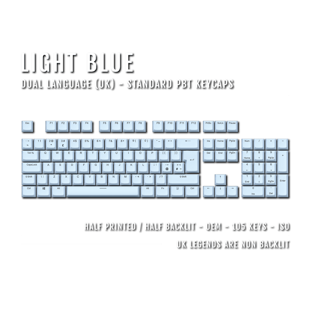 UK Light Blue PBT Keycaps - ISO/ANSI - 100% Size - Dual Language Keycaps - kromekeycaps