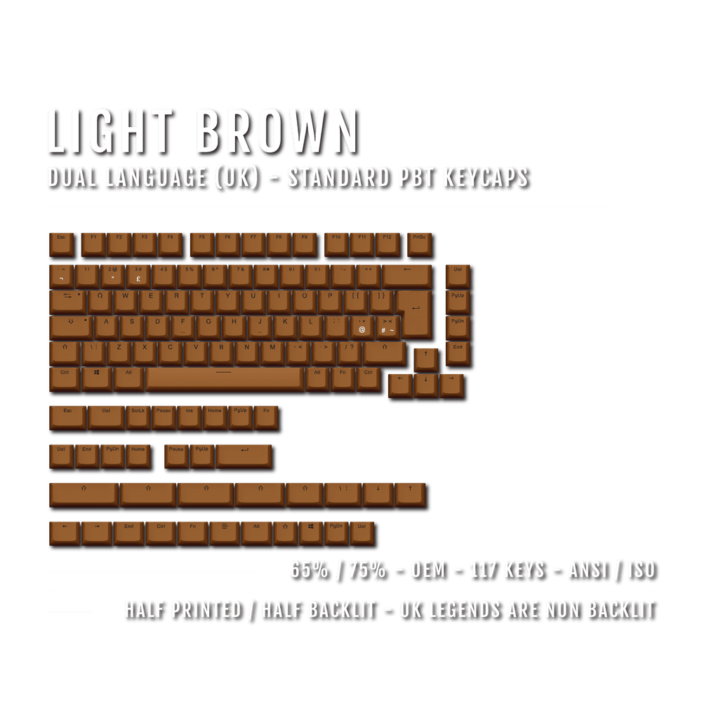 UK Light Brown PBT Keycaps - ISO/ANSI - 65/75% Sizes - Dual Language Keycaps - kromekeycaps
