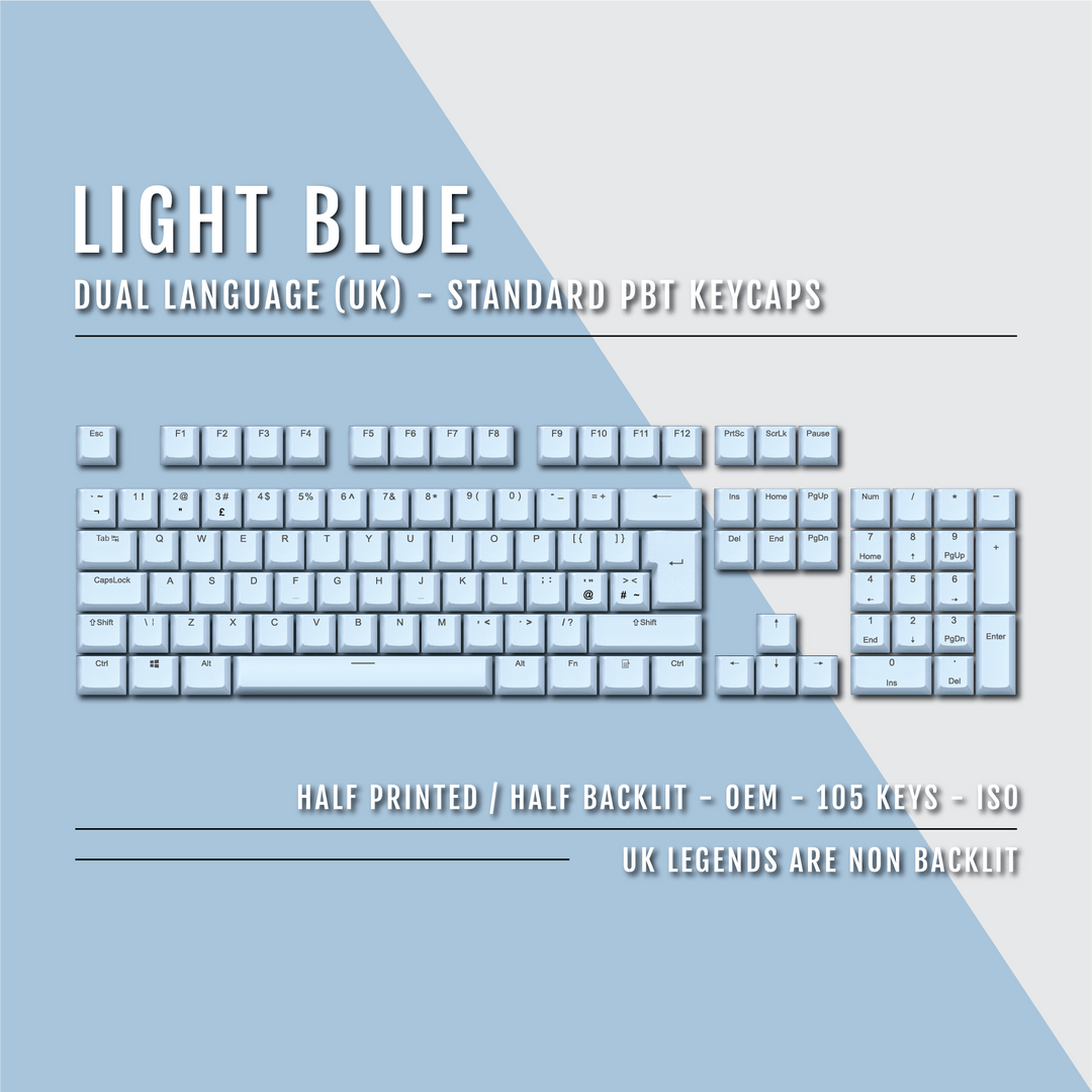 UK Light Blue PBT Keycaps - ISO/ANSI - 100% Size - Dual Language Keycaps - kromekeycaps