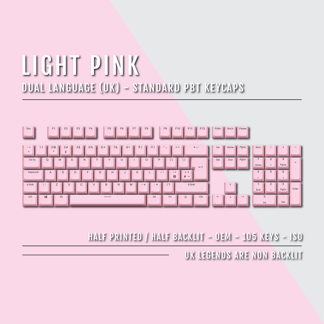 UK Light Pink PBT Keycaps - ISO/ANSI - 100% Size - Dual Language Keycaps - kromekeycaps