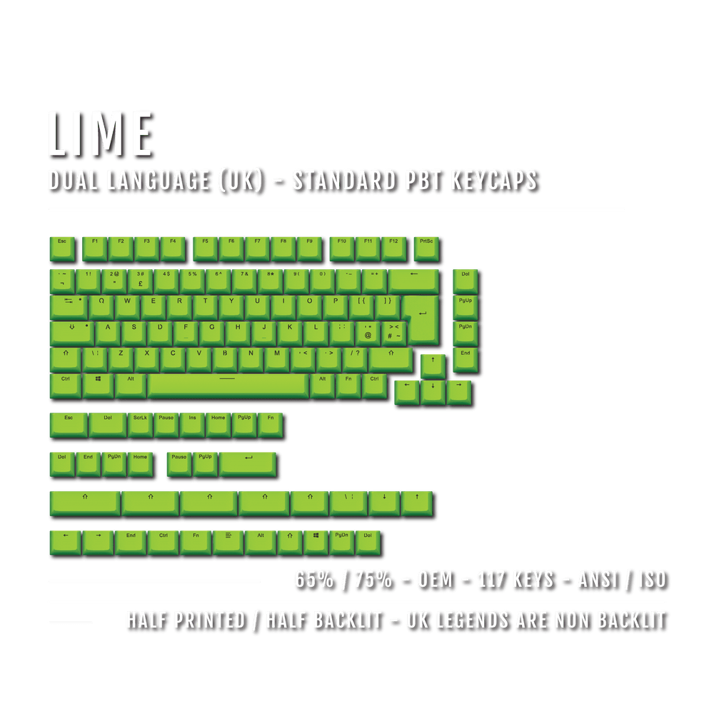 Lime UK Dual Language PBT Keycaps - 65/75% Krome Keycaps LTD Single Colour, UK