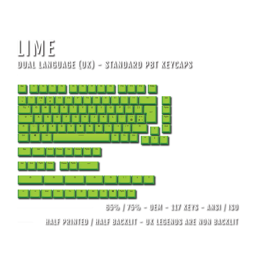 UK Lime PBT Keycaps - ISO/ANSI - 65/75% Sizes - Dual Language Keycaps - kromekeycaps