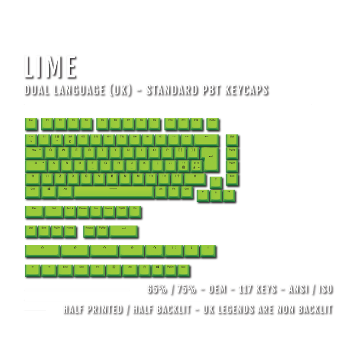 Lime UK Dual Language PBT Keycaps - 65/75% Krome Keycaps LTD Single Colour, UK