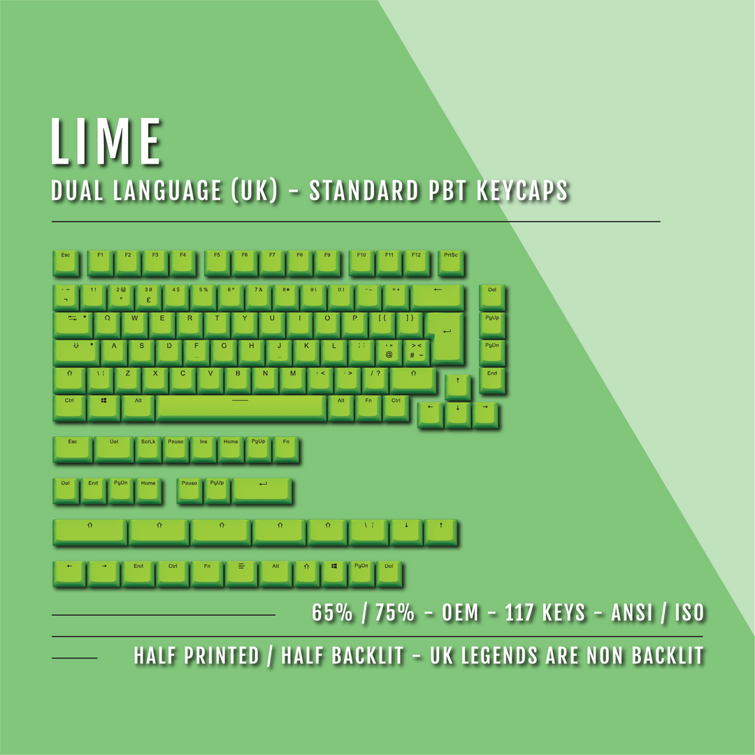 Lime UK Dual Language PBT Keycaps - 65/75% Krome Keycaps LTD Single Colour, UK