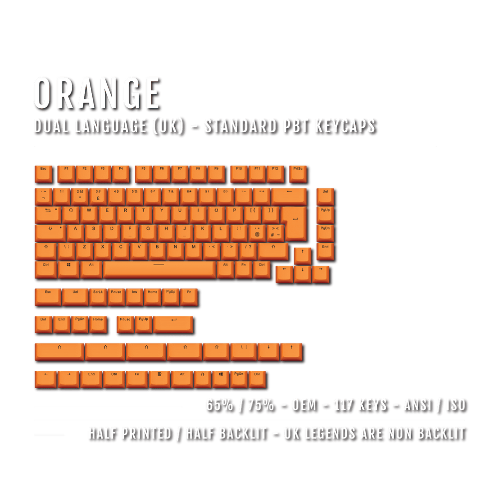 Orange UK Dual Language PBT Keycaps - 65/75% Krome Keycaps LTD Single Colour, UK