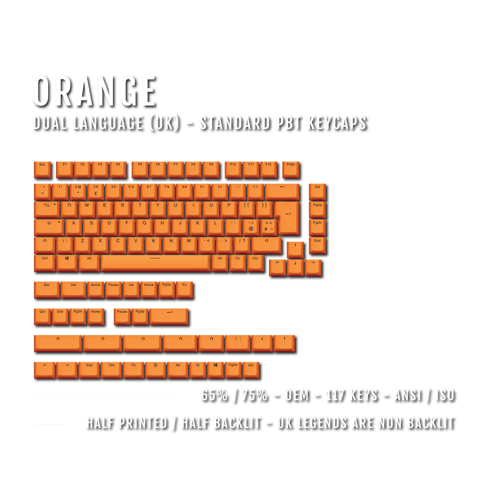 UK Orange PBT Keycaps - ISO/ANSI - 65/75% Sizes - Dual Language Keycaps - kromekeycaps