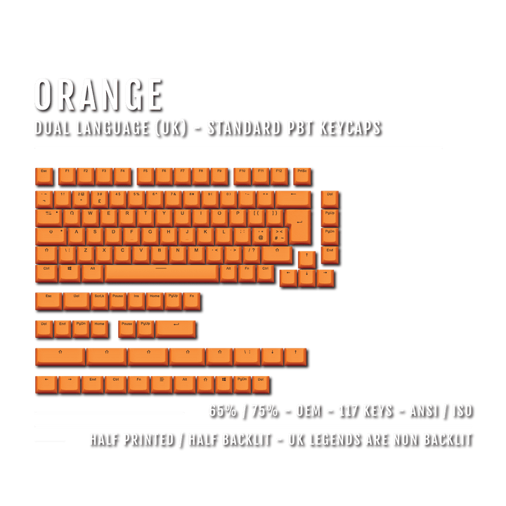 Orange UK Dual Language PBT Keycaps - 65/75% Krome Keycaps LTD Single Colour, UK