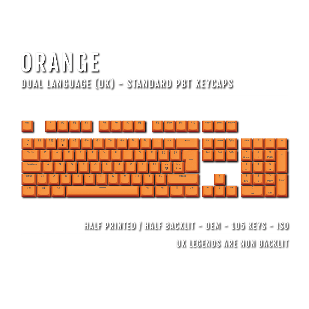 UK Orange PBT Keycaps - ISO/ANSI - 100% Size - Dual Language Keycaps - kromekeycaps