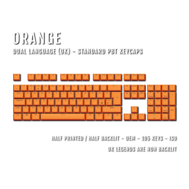 UK Orange PBT Keycaps - ISO/ANSI - 100% Size - Dual Language Keycaps - kromekeycaps