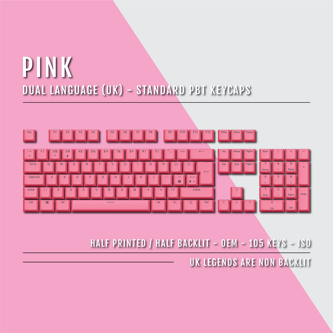 UK Pink PBT Keycaps - ISO/ANSI - 100% Size - Dual Language Keycaps - kromekeycaps
