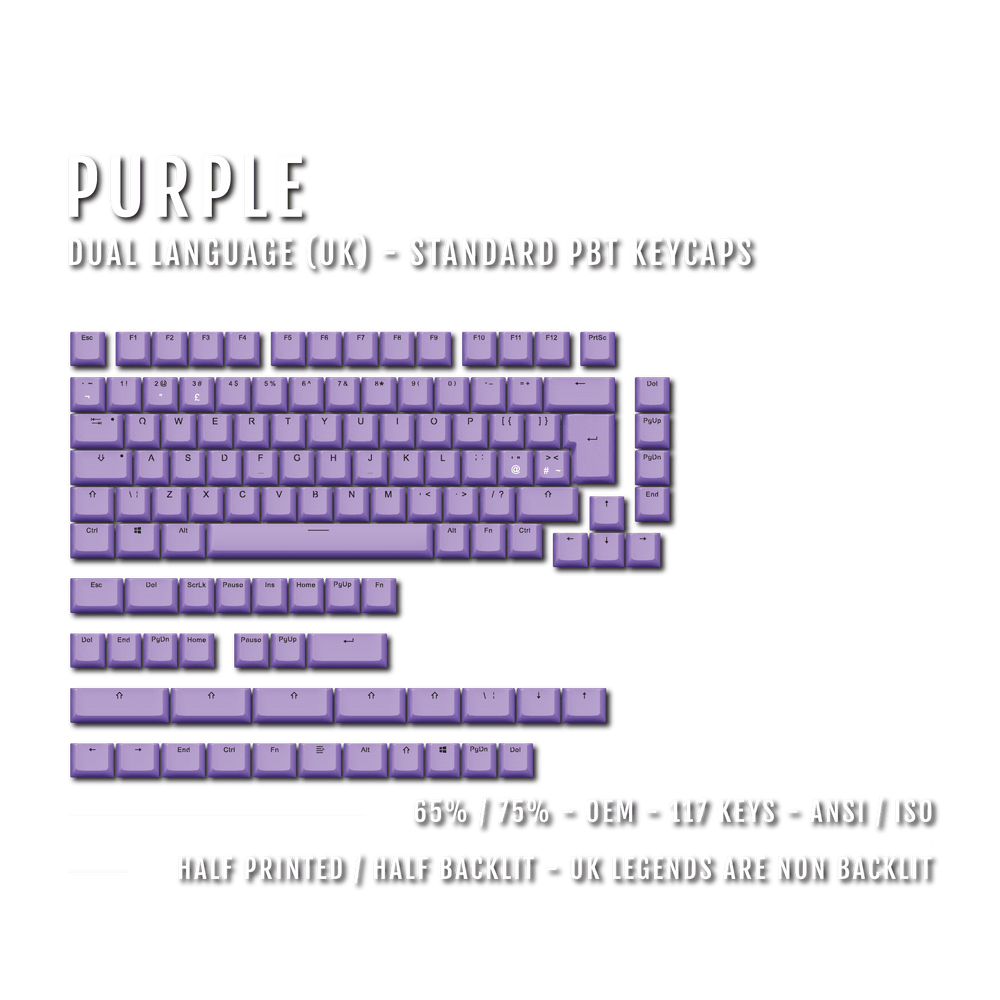 Purple UK Dual Language PBT Keycaps - 65/75% Krome Keycaps LTD Single Colour, UK