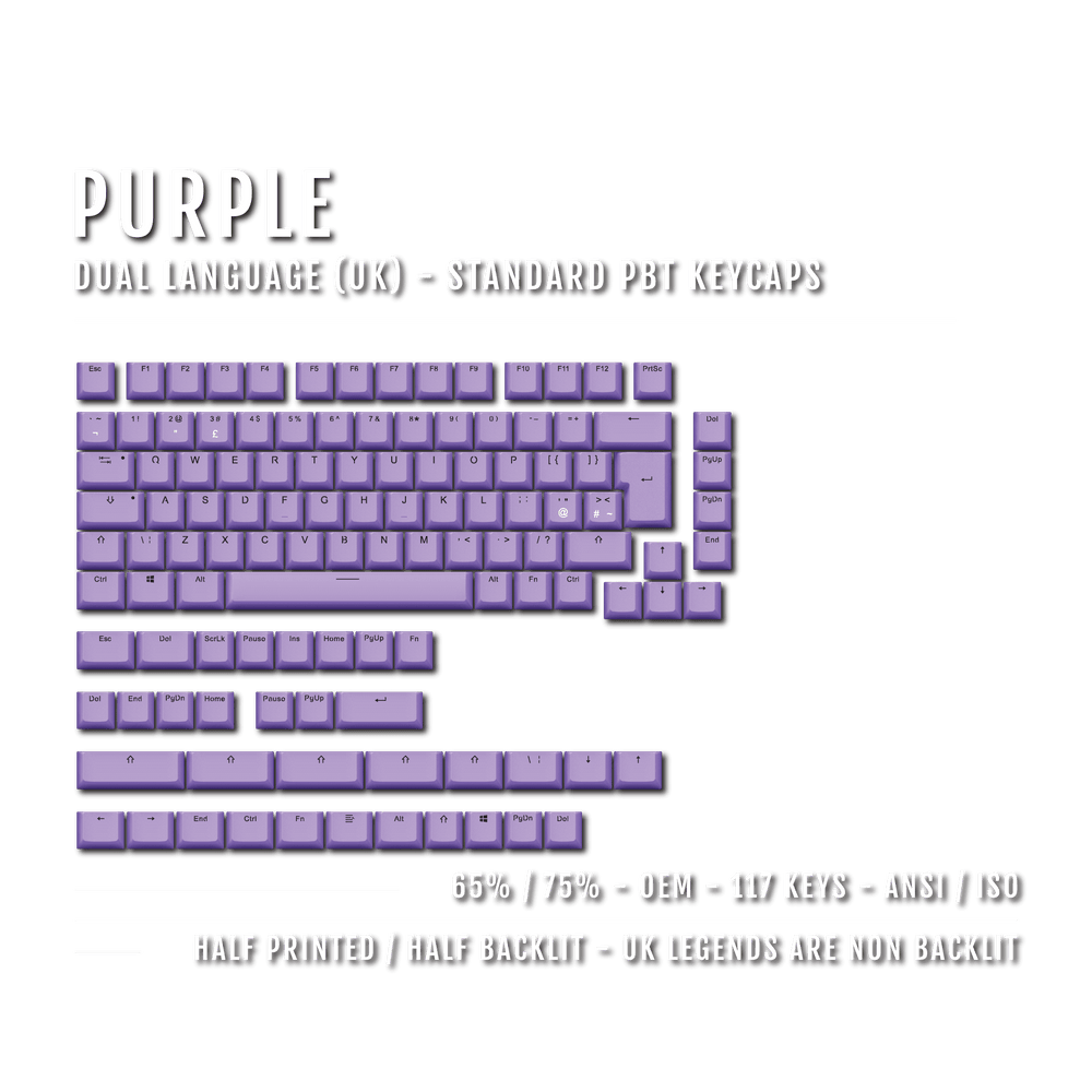 UK Purple PBT Keycaps - ISO/ANSI - 65/75% Sizes - Dual Language Keycaps - kromekeycaps