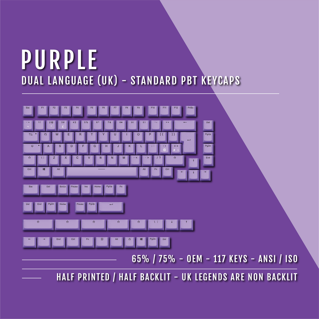 UK Purple PBT Keycaps - ISO/ANSI - 65/75% Sizes - Dual Language Keycaps - kromekeycaps