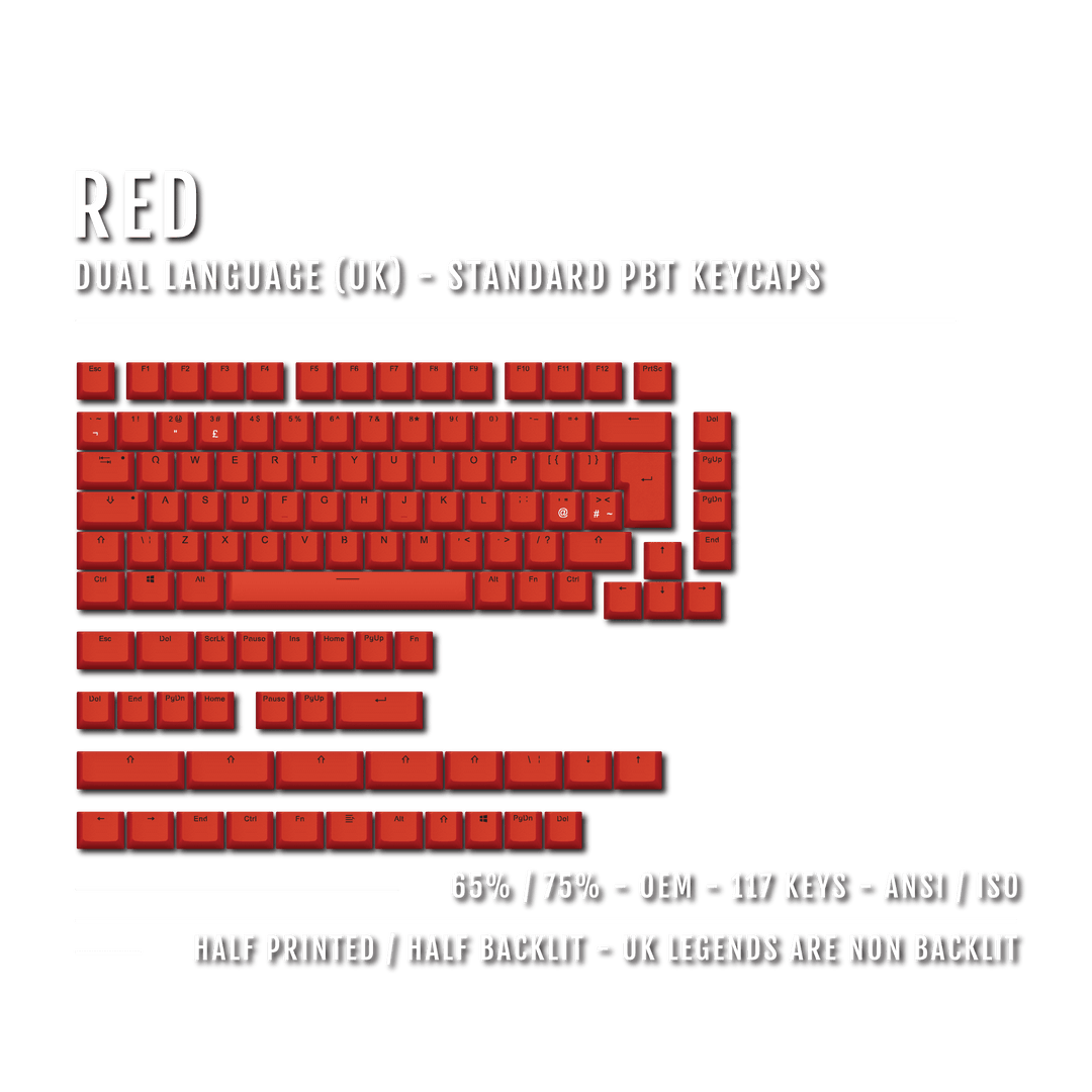 Red UK Dual Language PBT Keycaps - 65/75% Krome Keycaps LTD Single Colour, UK