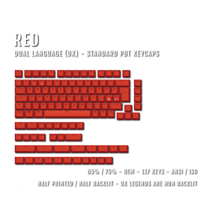 Red UK Dual Language PBT Keycaps - 65/75% Krome Keycaps LTD Single Colour, UK