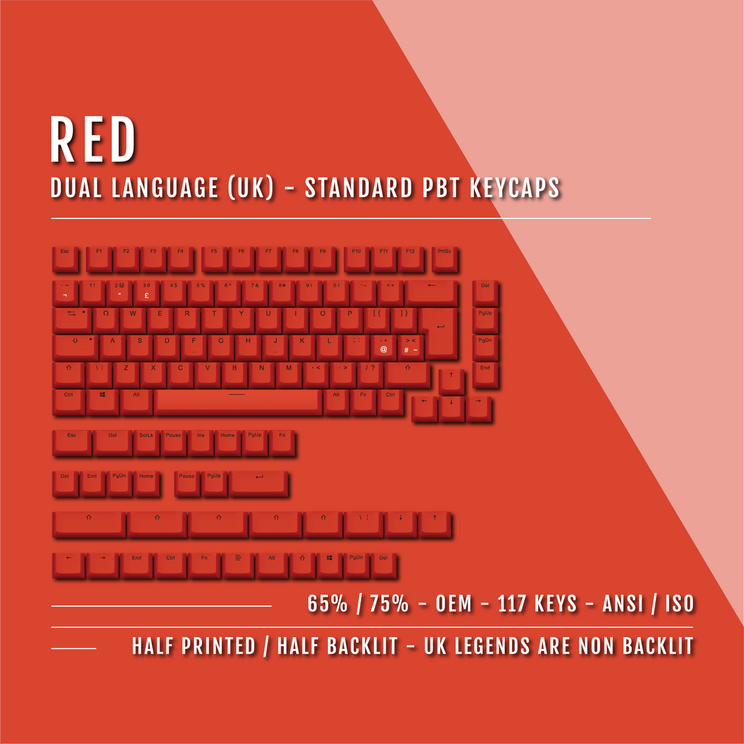 UK Red PBT Keycaps - ISO/ANSI - 65/75% Sizes - Dual Language Keycaps - kromekeycaps