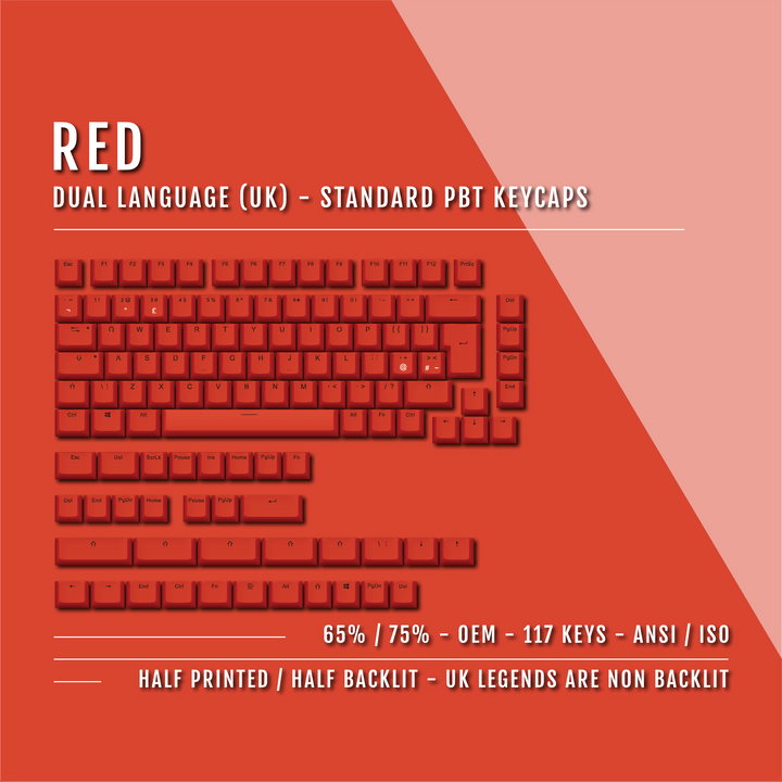 Red UK Dual Language PBT Keycaps - 65/75% Krome Keycaps LTD Single Colour, UK