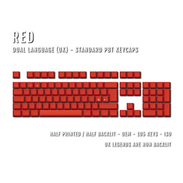 UK Red PBT Keycaps - ISO/ANSI - 100% Size - Dual Language Keycaps - kromekeycaps