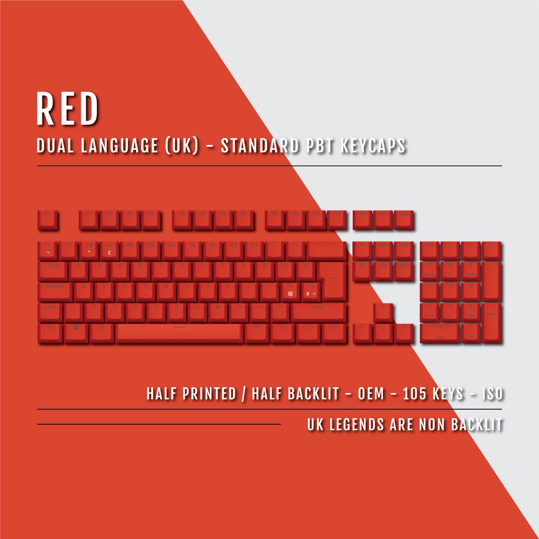 UK Red PBT Keycaps - ISO/ANSI - 100% Size - Dual Language Keycaps - kromekeycaps