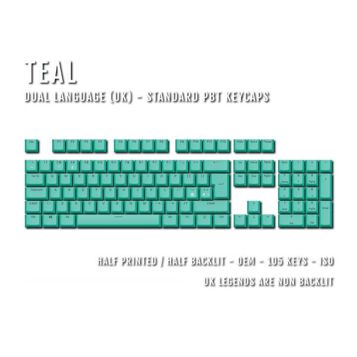 UK Teal PBT Keycaps - ISO/ANSI - 100% Size - Dual Language Keycaps - kromekeycaps