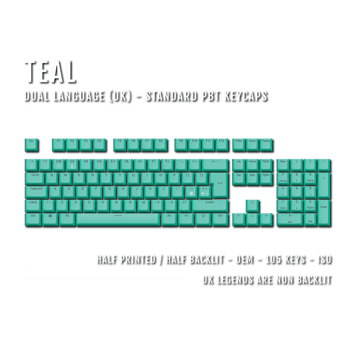 UK Teal PBT Keycaps - ISO/ANSI - 100% Size - Dual Language Keycaps - kromekeycaps