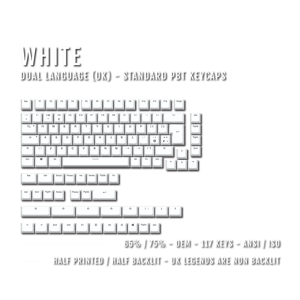 UK White PBT Keycaps - ISO/ANSI - 65/75% Sizes - Dual Language Keycaps - kromekeycaps