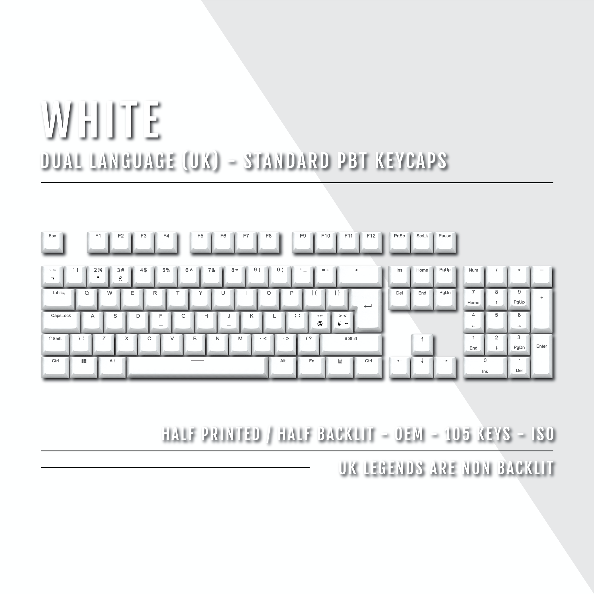 White UK Dual Language PBT Keycaps – Krome Keycaps LTD