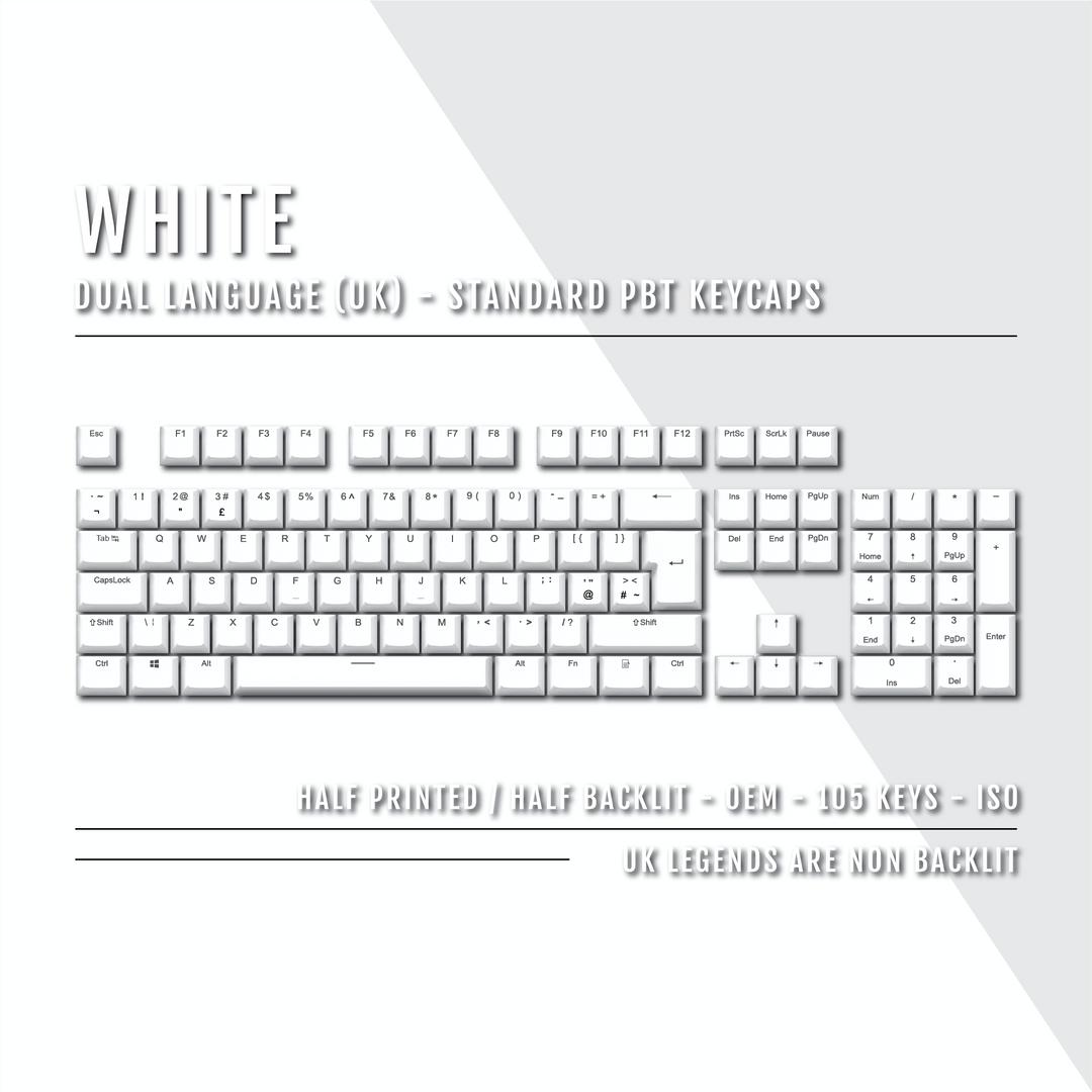 UK White PBT Keycaps - ISO/ANSI - 100% Size - Dual Language Keycaps - kromekeycaps
