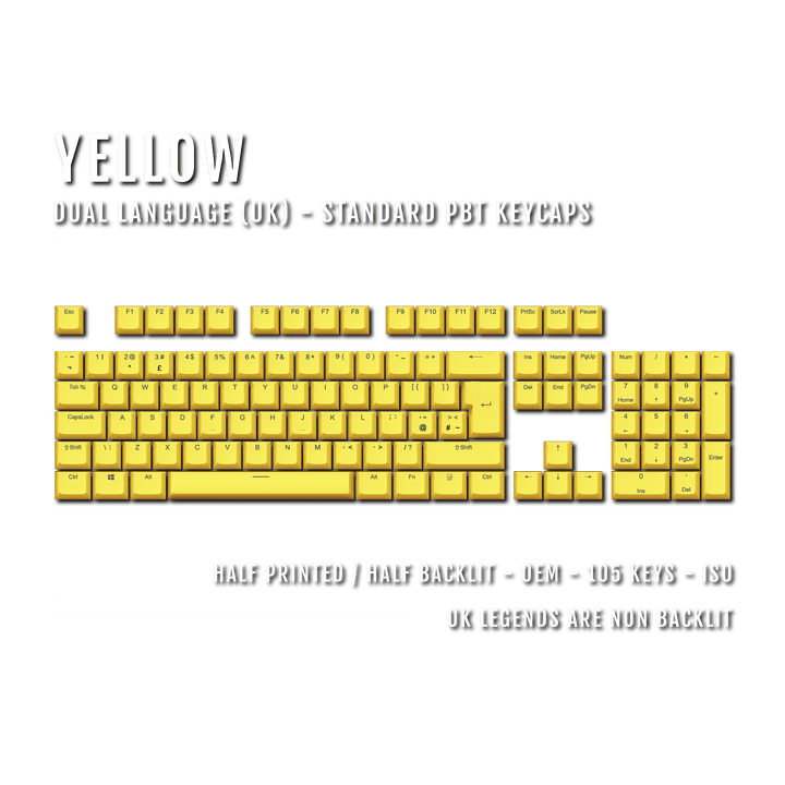UK Yellow PBT Keycaps - ISO/ANSI - 100% Size - Dual Language Keycaps - kromekeycaps