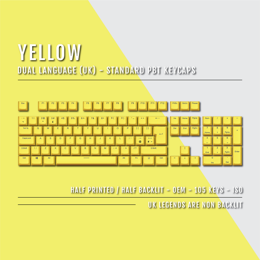 UK Yellow PBT Keycaps - ISO/ANSI - 100% Size - Dual Language Keycaps - kromekeycaps