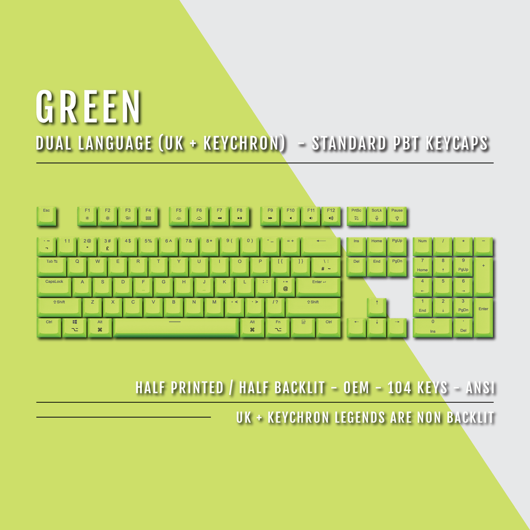 UK Green PBT Keychron (Layout) Keycaps - 100% Size - Dual Language Keycaps - kromekeycaps