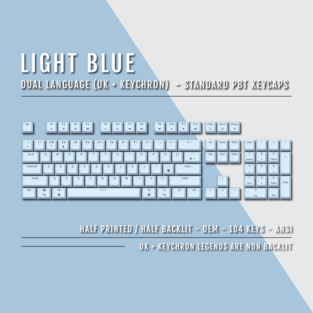 UK Light Blue PBT Keychron (Layout) Keycaps - 100% Size - Dual Language Keycaps - kromekeycaps