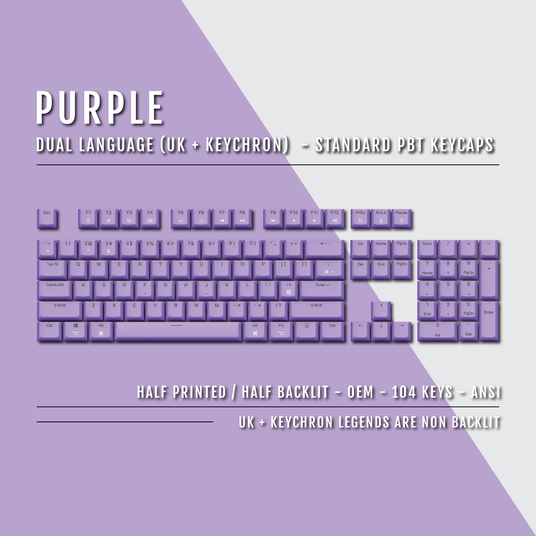UK Purple PBT Keychron (Layout) Keycaps - 100% Size - Dual Language Keycaps - kromekeycaps