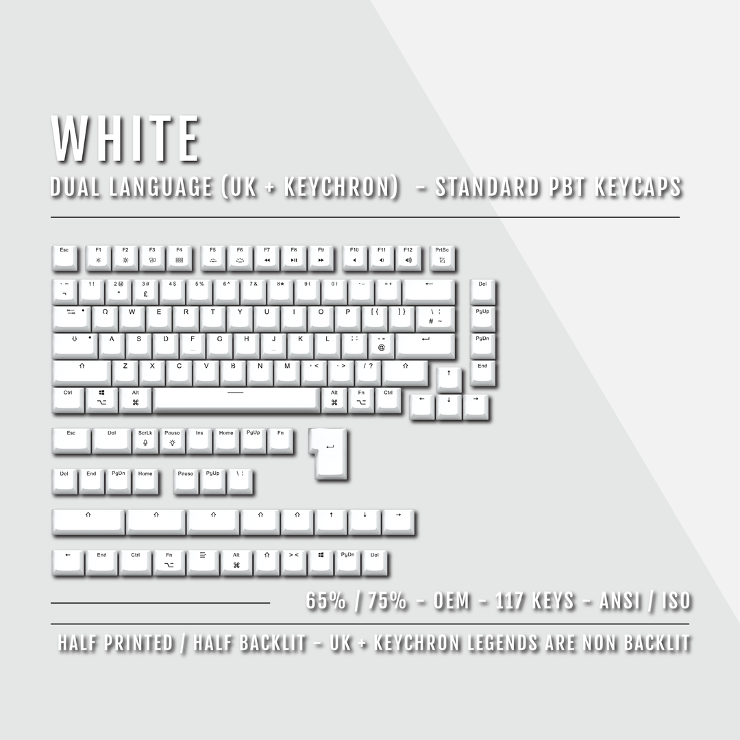 White UK & Keychron (Layout) Dual Language PBT Keycaps - 65/75%