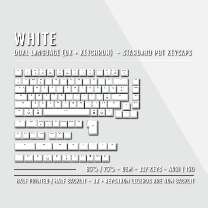 White UK & Keychron (Layout) Dual Language PBT Keycaps - 65/75% Krome Keycaps LTD mac & multimedia