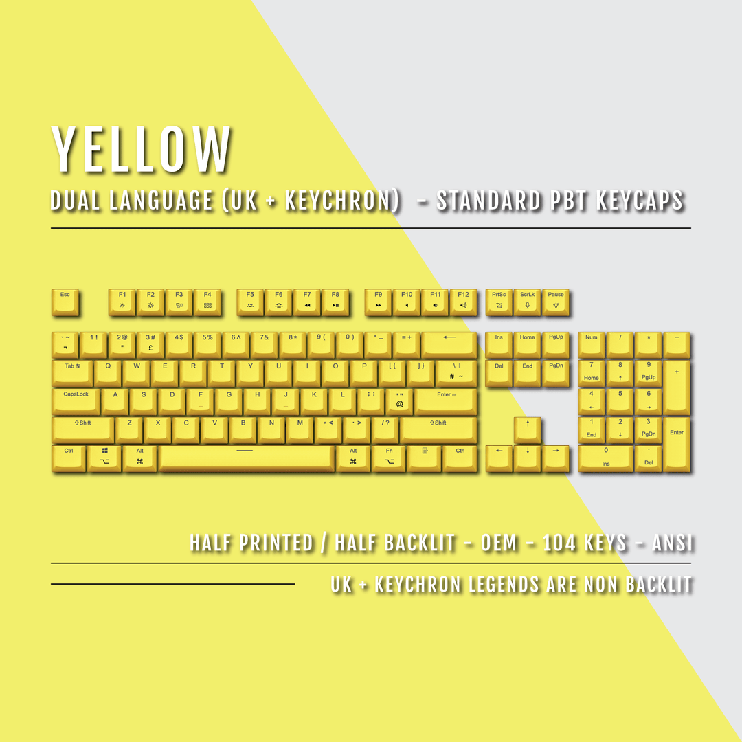 UK Yellow PBT Keychron (Layout) Keycaps - 100% Size - Dual Language Keycaps - kromekeycaps