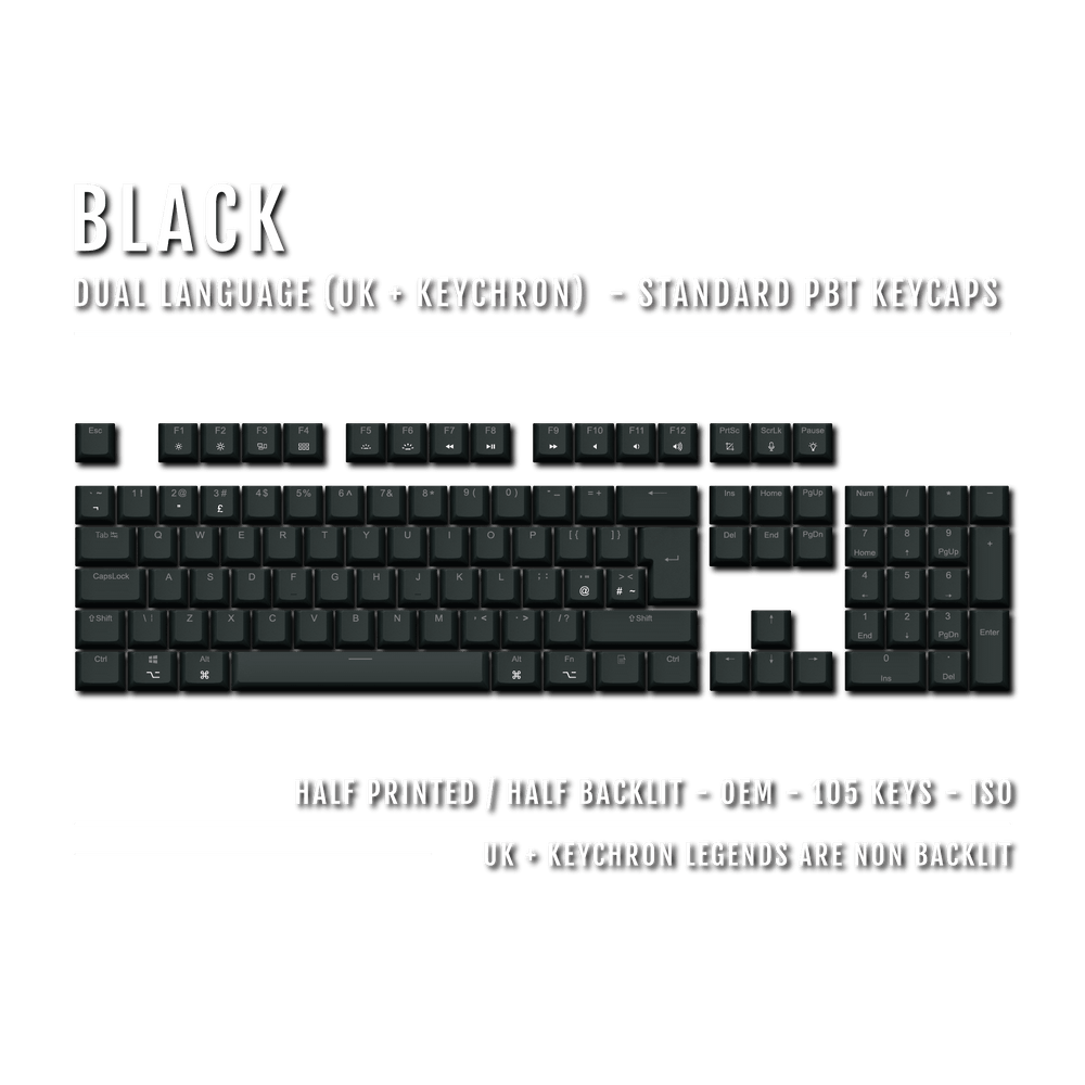 UK Black PBT Keychron (Layout) Keycaps - 100% Size - Dual Language Keycaps - kromekeycaps