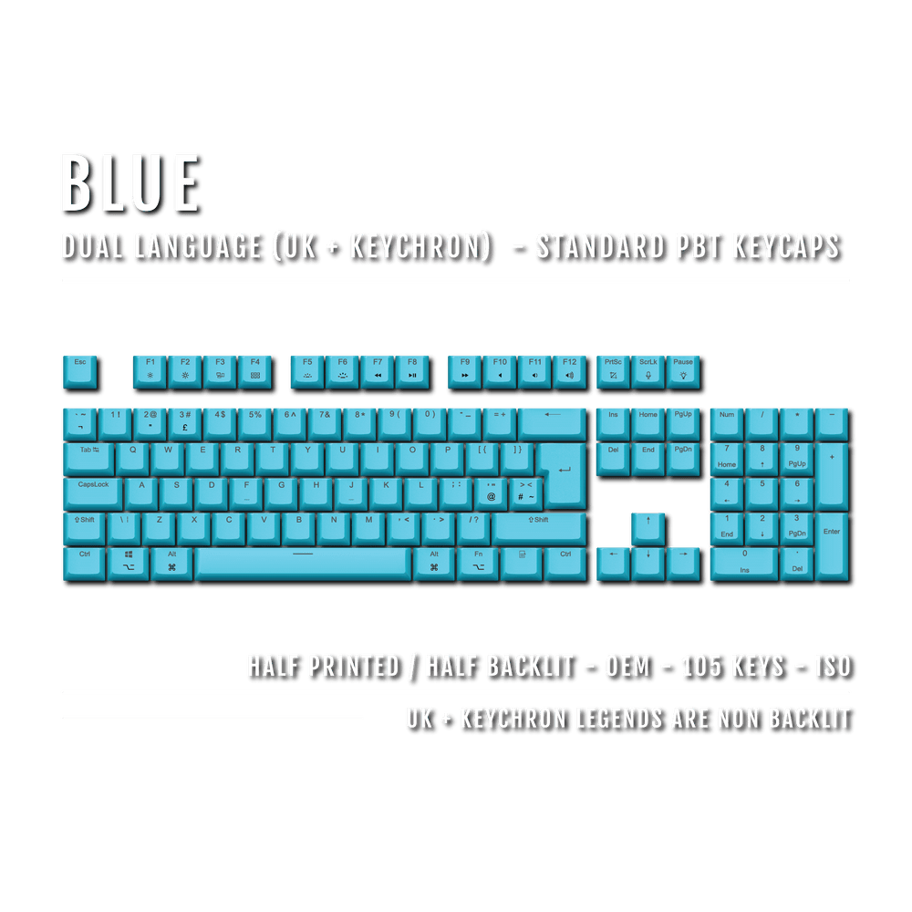 UK Blue PBT Keychron (Layout) Keycaps - 100% Size - Dual Language Keycaps - kromekeycaps