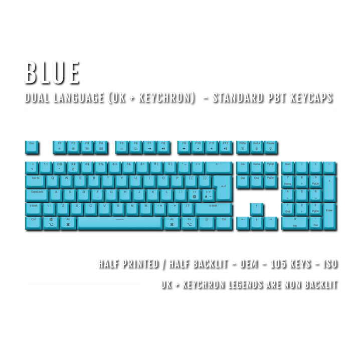 UK Blue PBT Keychron (Layout) Keycaps - 100% Size - Dual Language Keycaps - kromekeycaps