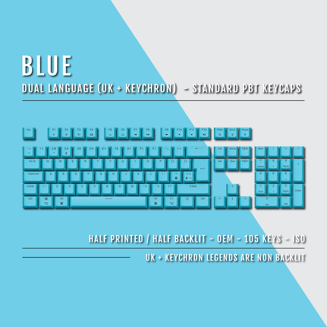 UK Blue PBT Keychron (Layout) Keycaps - 100% Size - Dual Language Keycaps - kromekeycaps