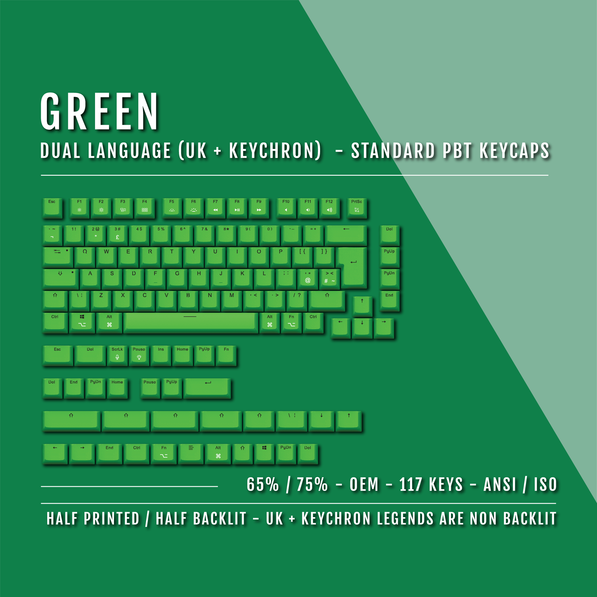 UK Green PBT Keychron (Layout) Keycaps - 65/75% Sizes - Dual Language ...