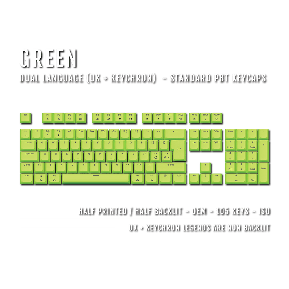 UK Green PBT Keychron (Layout) Keycaps - 100% Size - Dual Language Keycaps - kromekeycaps